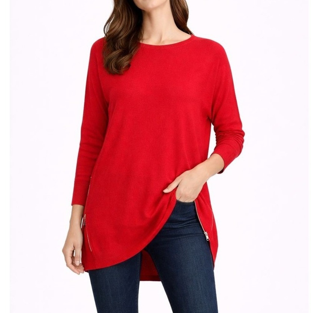 Michael Kors Red Ribbed Long‎ Sleeve Sweater Boat Neck Zipper Detail Size L